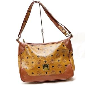 MCM Cognac/Tan Logo Visetos Shoulder Bag with Gold Plaque